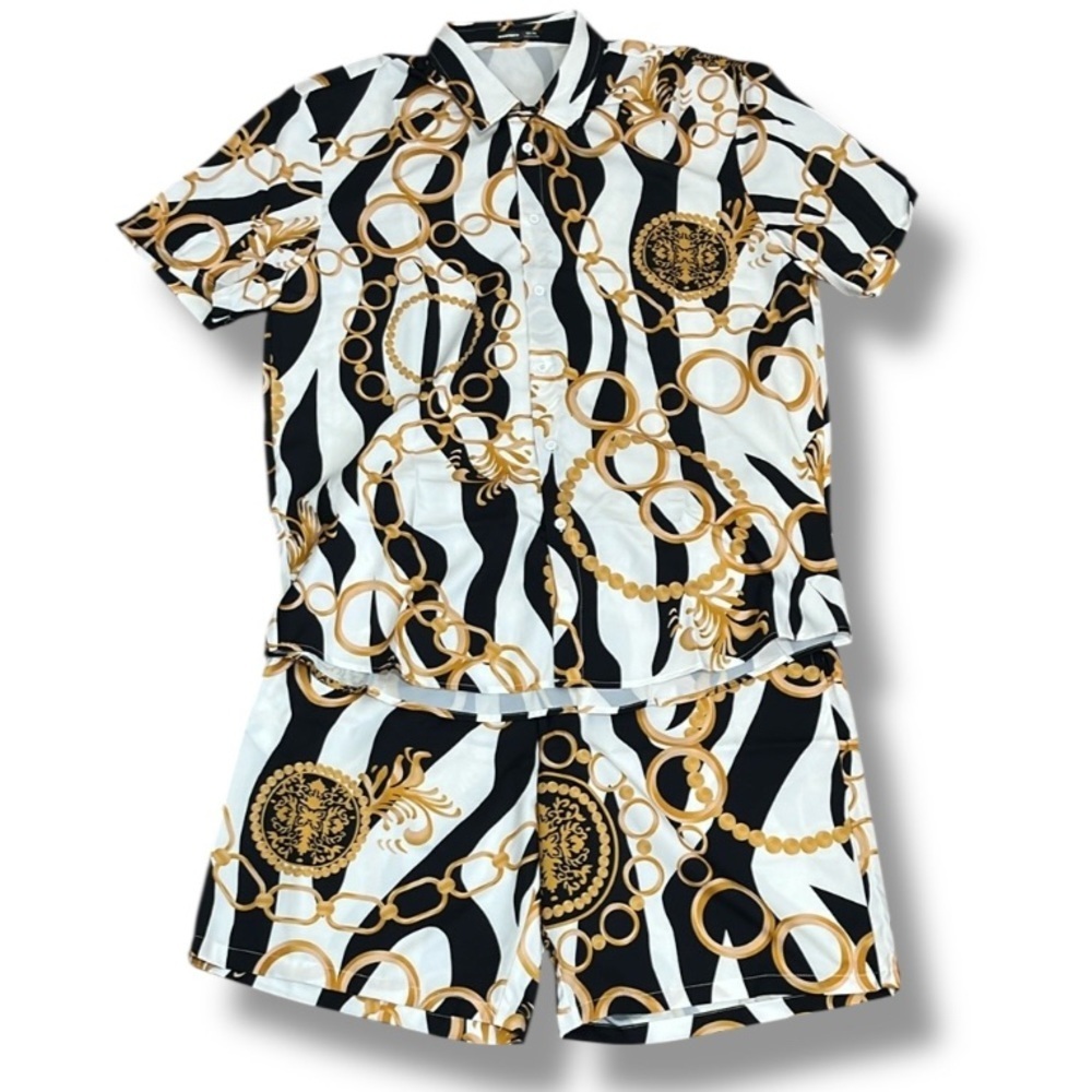 Shein Manfinity Chain Print Shirt & Short Set Men's XXL Equestrian Luxury Style